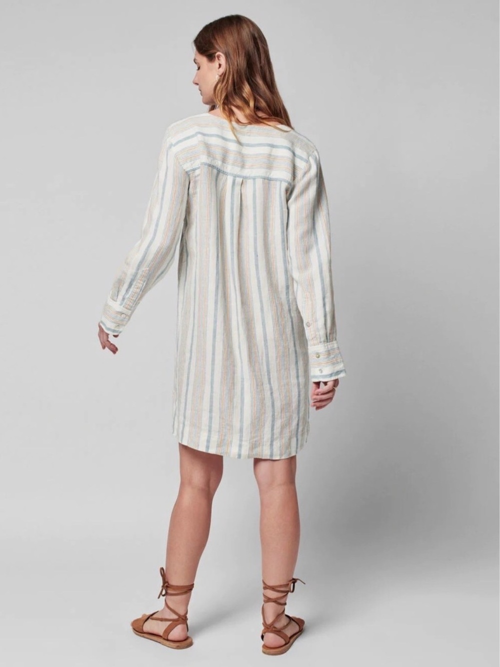 Faherty Striped V-Neck Linen Dress in White, Light Blue, Tan - Picture 2 of 10